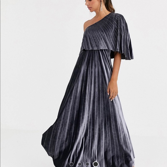 ASOS DESIGN One Shoulder Pleated Velvet Gray Silver Maxi Dress Size 4 - Picture 3 of 7